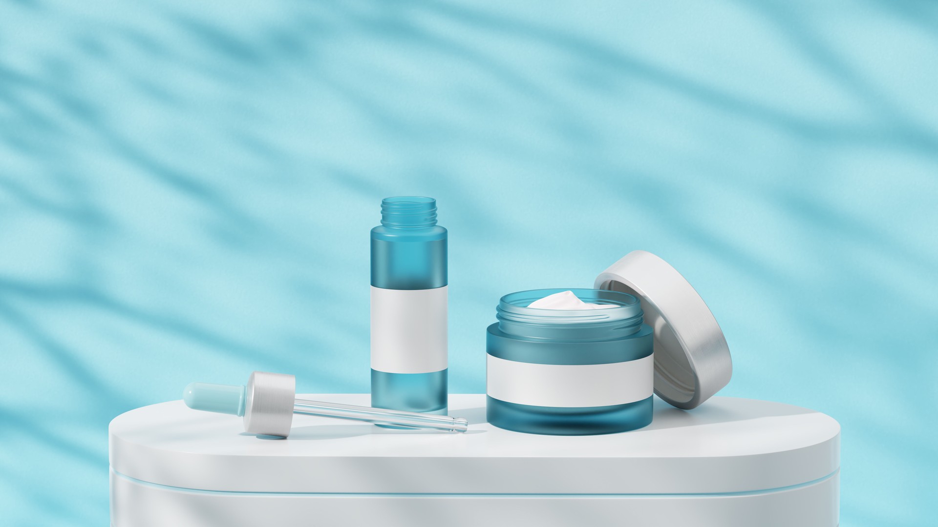 Unbranded cosmetic products on geometric platforms. Cosmetics for skin care. Shadows on blue background.