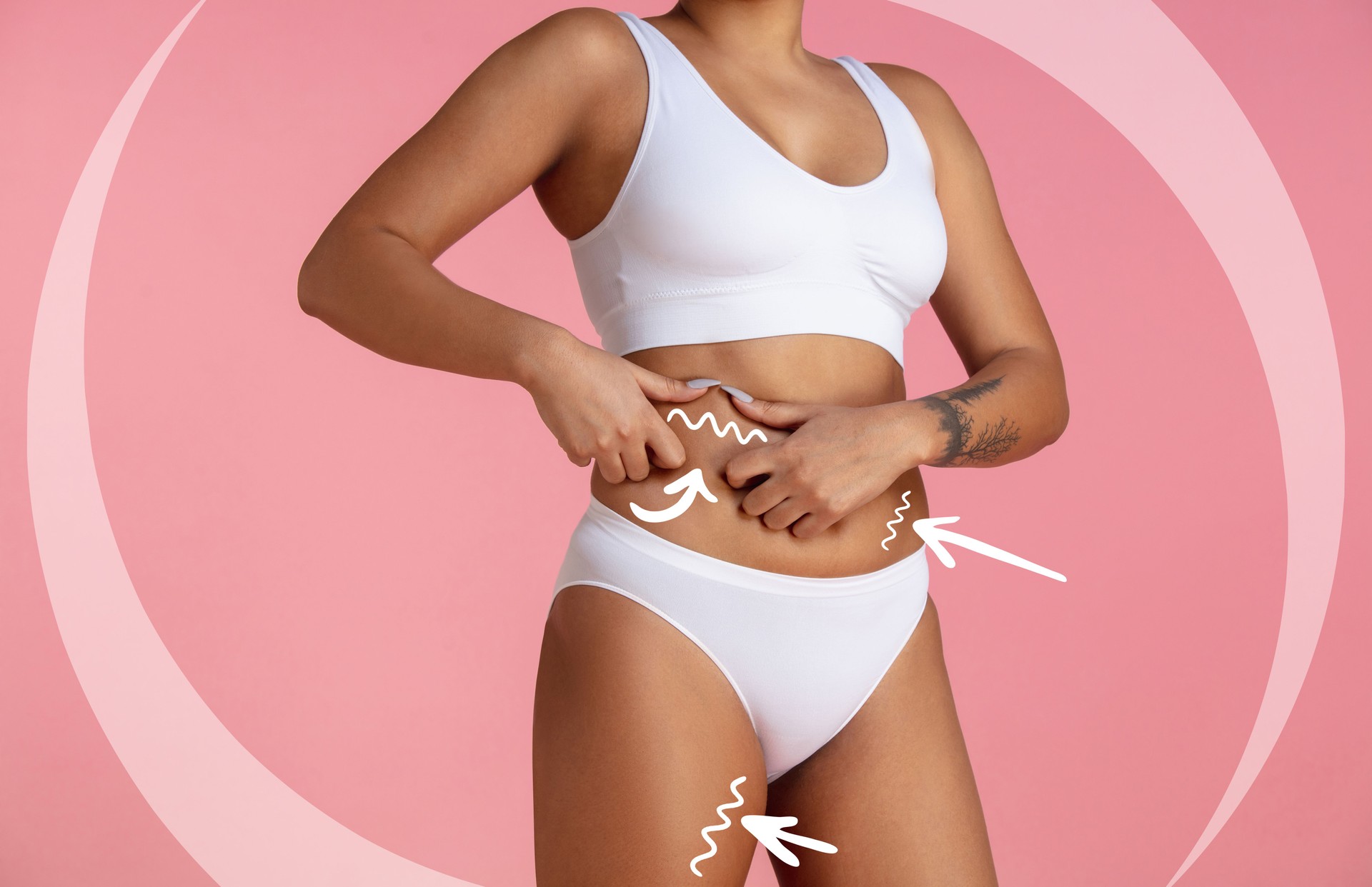 Female body, belly with drawing arrows. Fat lose, liposuction and cellulite removal concept. Good and fast metabolic problem.