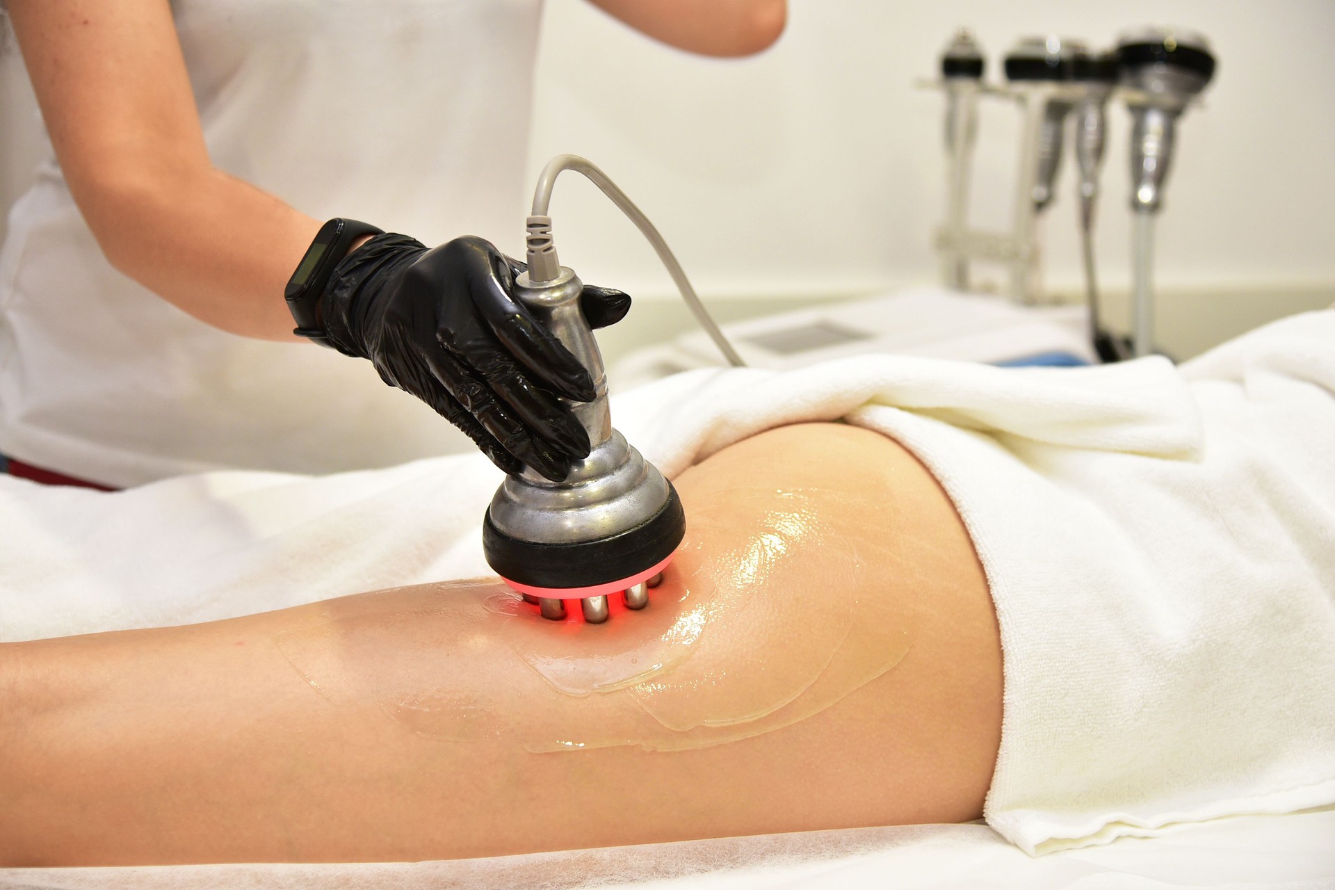 Rf skin tightening. Hardware cosmetology. Ultrasound cavitation body contouring treatment, anti-cellulite and anti-fat therapy in beauty salon. Large collage with different parts of the body